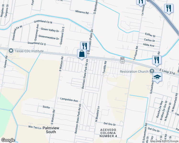 map of restaurants, bars, coffee shops, grocery stores, and more near 1645 South Bentsen Palm Drive in Palmview