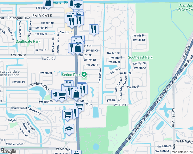 map of restaurants, bars, coffee shops, grocery stores, and more near 880 Southwest 55th Avenue in Margate