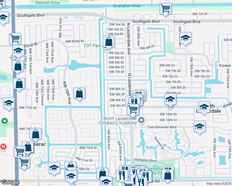 map of restaurants, bars, coffee shops, grocery stores, and more near 8201 Southwest 9th Court in North Lauderdale