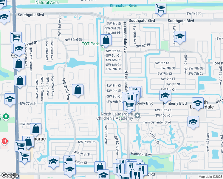 map of restaurants, bars, coffee shops, grocery stores, and more near 8271 Southwest 9th Court in North Lauderdale