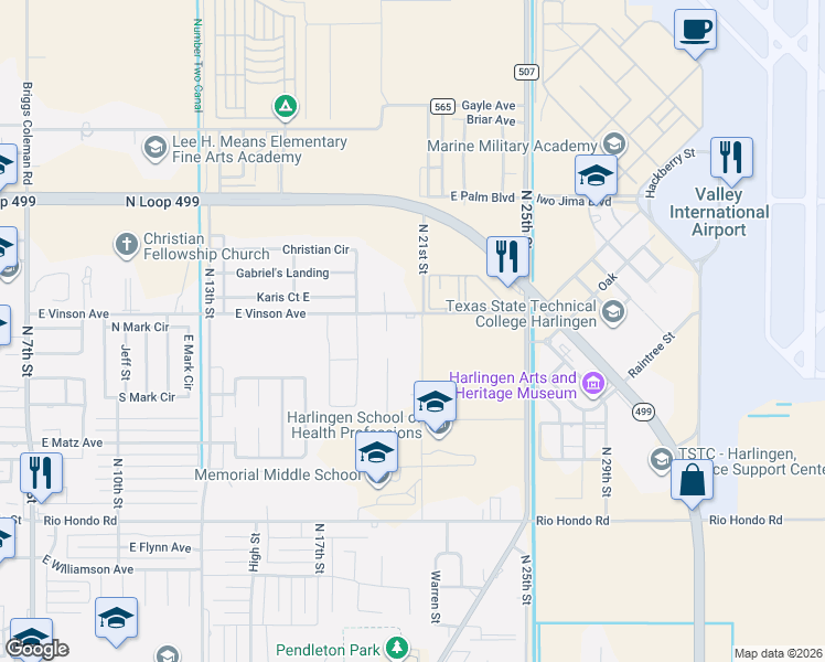 map of restaurants, bars, coffee shops, grocery stores, and more near 2807 North 21st Street in Harlingen