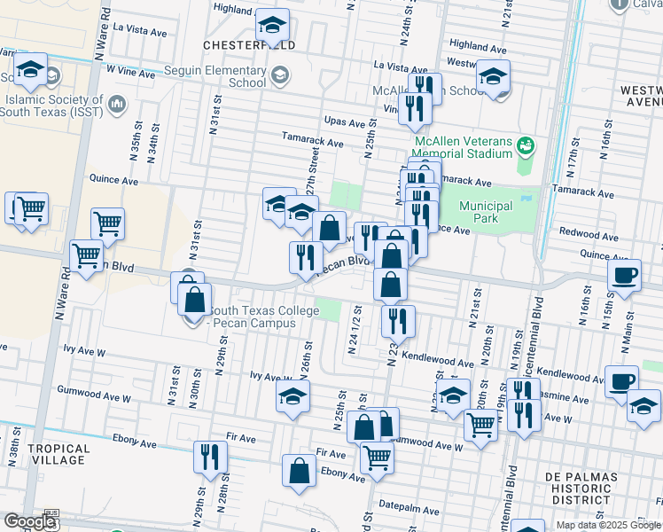 map of restaurants, bars, coffee shops, grocery stores, and more near 2609 Pecan Boulevard in McAllen