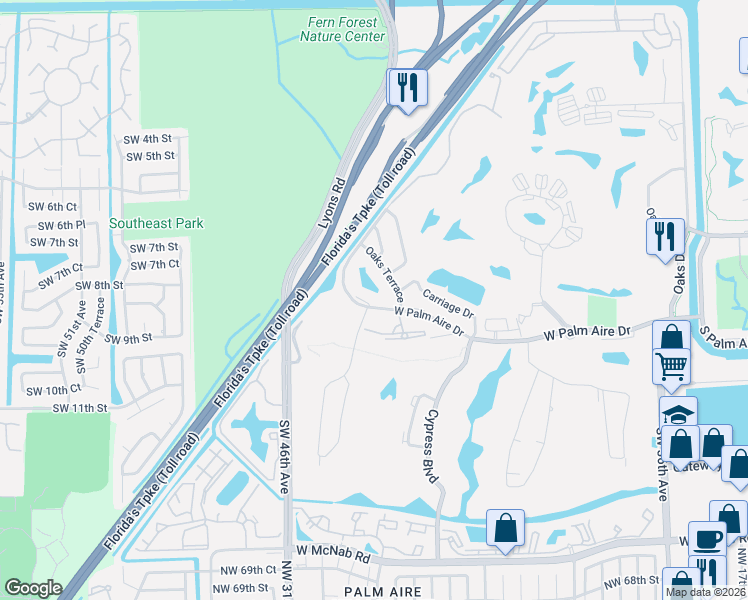 map of restaurants, bars, coffee shops, grocery stores, and more near 4221 West Palm Aire Drive in Pompano Beach