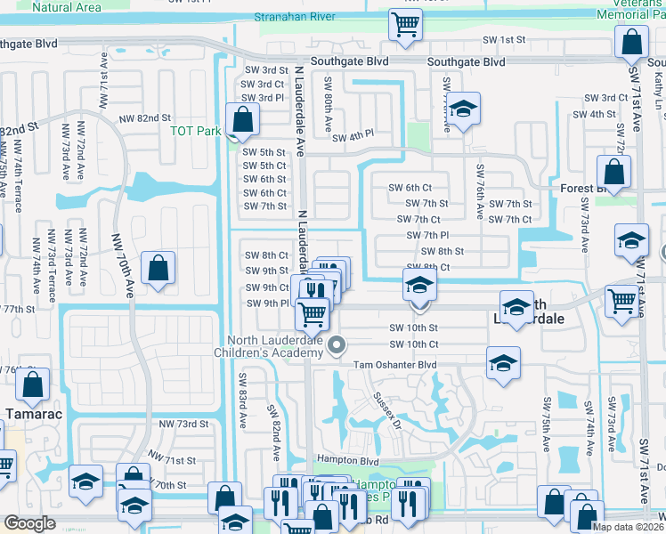 map of restaurants, bars, coffee shops, grocery stores, and more near 7933 Southwest 9th Street in North Lauderdale