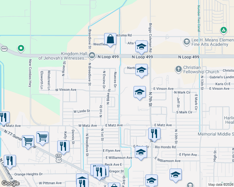 map of restaurants, bars, coffee shops, grocery stores, and more near 2630 East Dunkin Circle in Harlingen