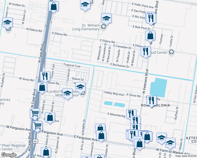 map of restaurants, bars, coffee shops, grocery stores, and more near 801 East Sioux Road in Pharr