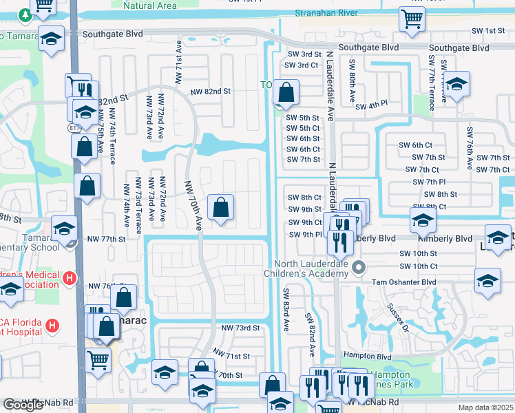 map of restaurants, bars, coffee shops, grocery stores, and more near 7804 Northwest 66th Terrace in Tamarac