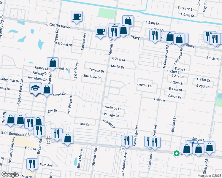 map of restaurants, bars, coffee shops, grocery stores, and more near 1606 Lila Beth Lane in Mission