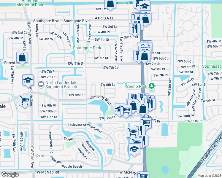 map of restaurants, bars, coffee shops, grocery stores, and more near 6260 Southwest 8th Place in North Lauderdale