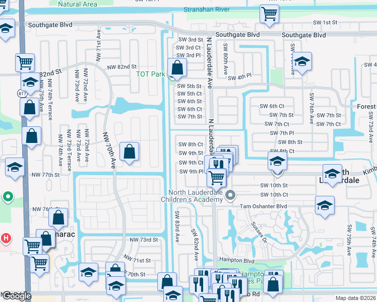 map of restaurants, bars, coffee shops, grocery stores, and more near 8201 Southwest 9th Court in North Lauderdale