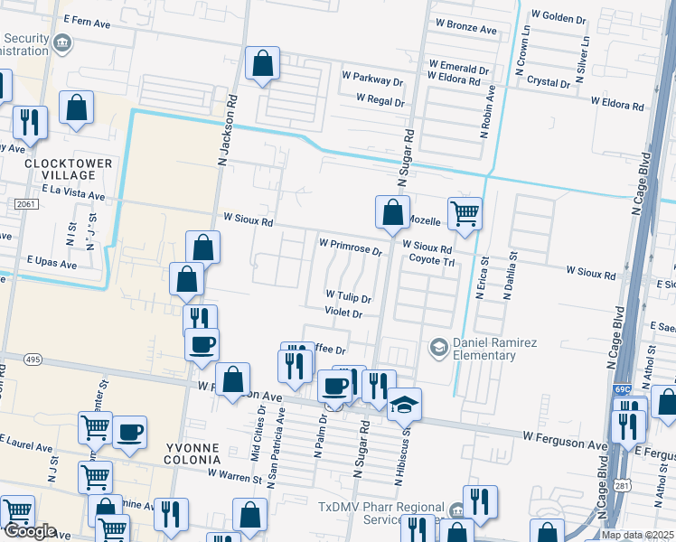 map of restaurants, bars, coffee shops, grocery stores, and more near 2734 North Marigold Lane in Pharr