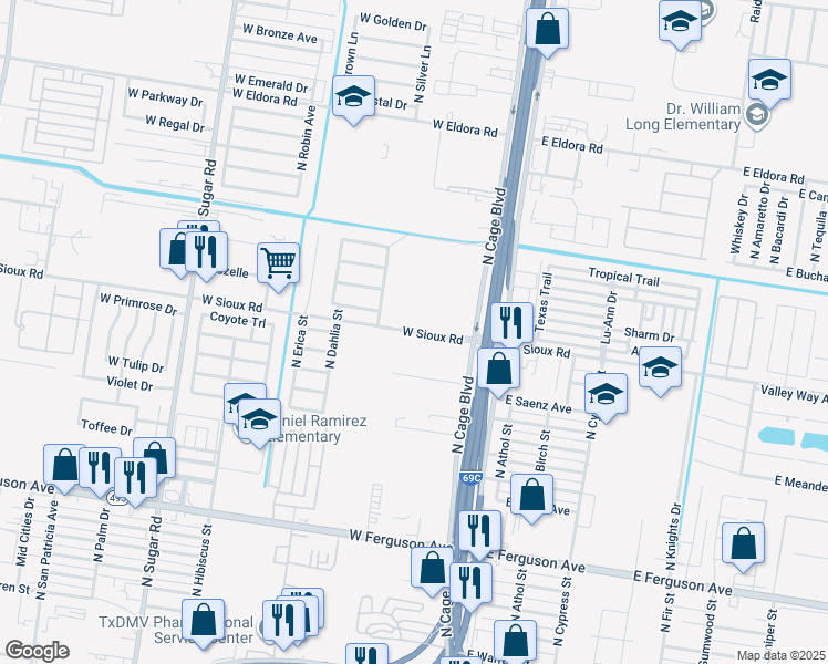 map of restaurants, bars, coffee shops, grocery stores, and more near 840 West Sioux Road in Pharr