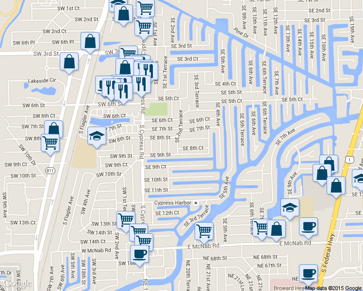 map of restaurants, bars, coffee shops, grocery stores, and more near 261 Southeast 8th Street in Pompano Beach