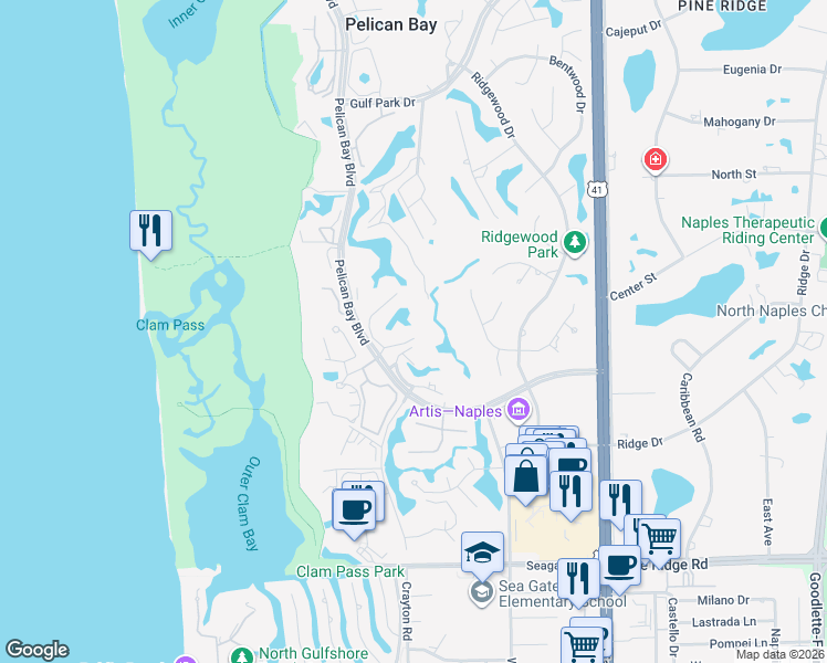 map of restaurants, bars, coffee shops, grocery stores, and more near 5970 Pelican Bay Boulevard in Naples