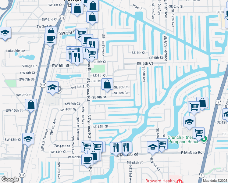 map of restaurants, bars, coffee shops, grocery stores, and more near 261 Southeast 8th Street in Pompano Beach