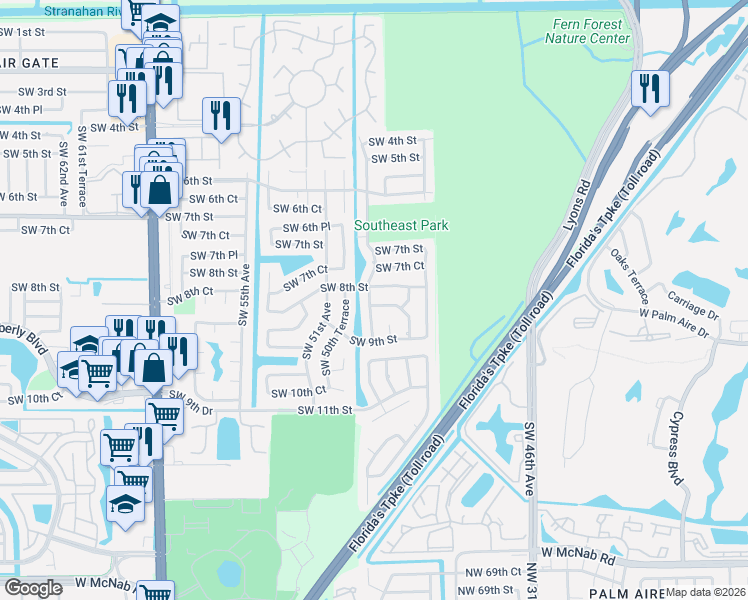 map of restaurants, bars, coffee shops, grocery stores, and more near 4990 Southwest 8th Street in Margate
