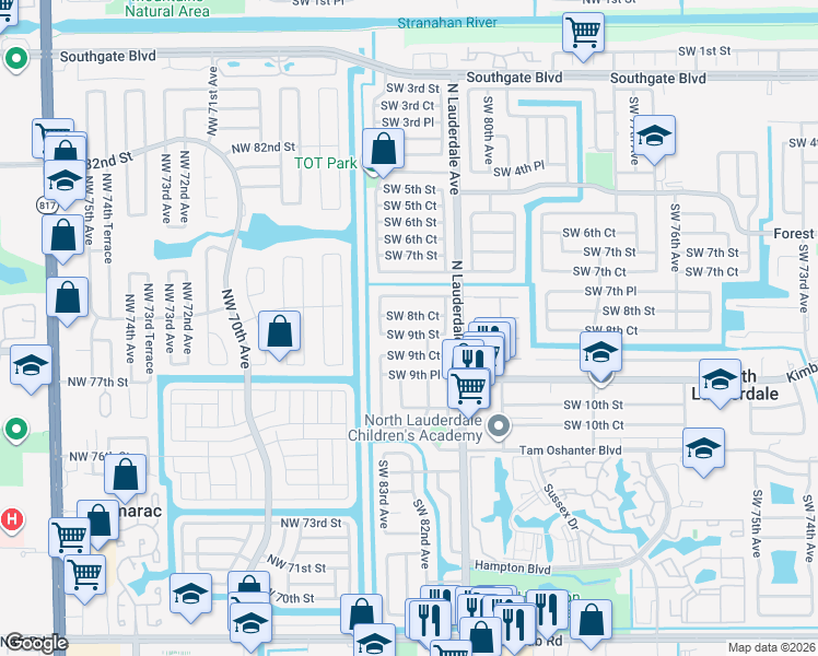 map of restaurants, bars, coffee shops, grocery stores, and more near 8131 Southwest 8th Court in North Lauderdale