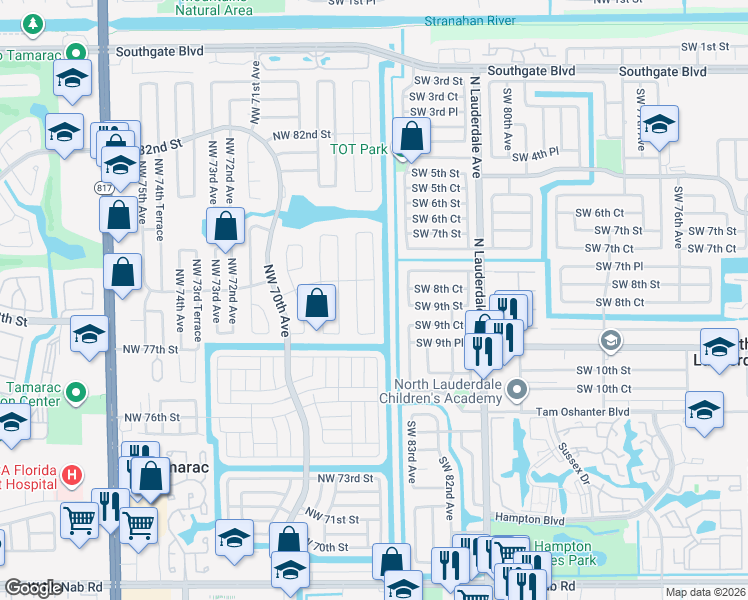 map of restaurants, bars, coffee shops, grocery stores, and more near 7820 Northwest 66th Terrace in Tamarac