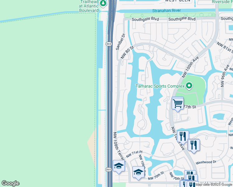 map of restaurants, bars, coffee shops, grocery stores, and more near 7517 Trent Drive in Tamarac