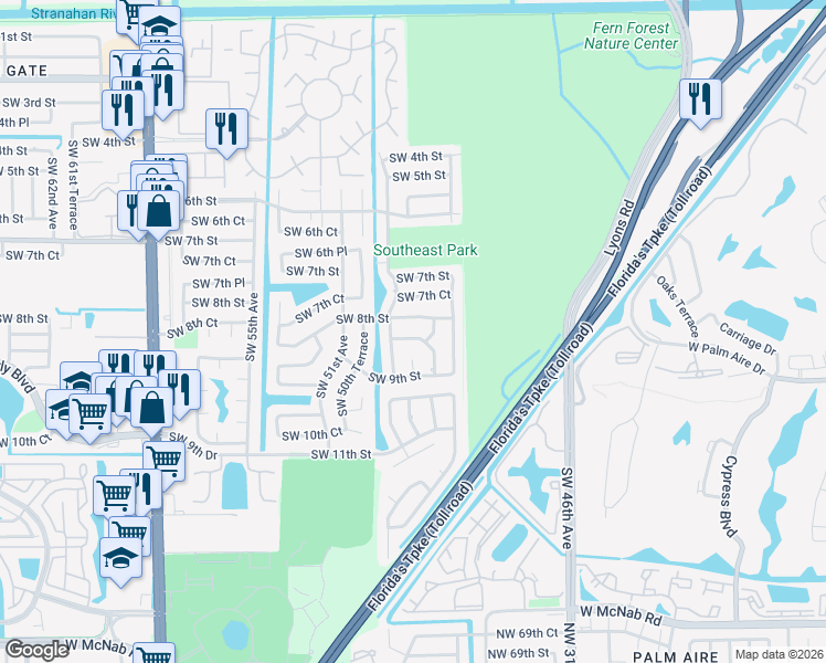 map of restaurants, bars, coffee shops, grocery stores, and more near 4980 Southwest 8th Court in Margate
