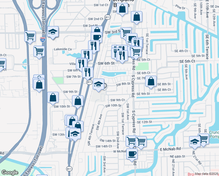 map of restaurants, bars, coffee shops, grocery stores, and more near 240 Southwest 8th Street in Pompano Beach