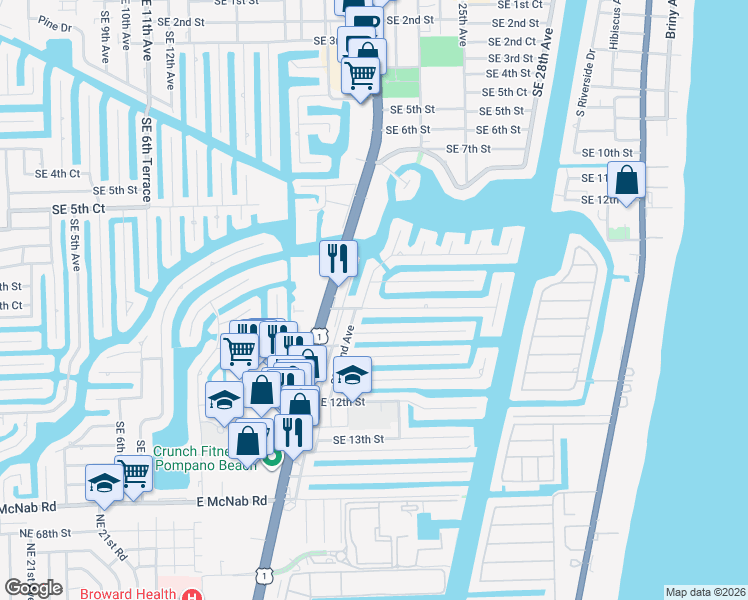 map of restaurants, bars, coffee shops, grocery stores, and more near 845 Southeast 22nd Avenue in Pompano Beach