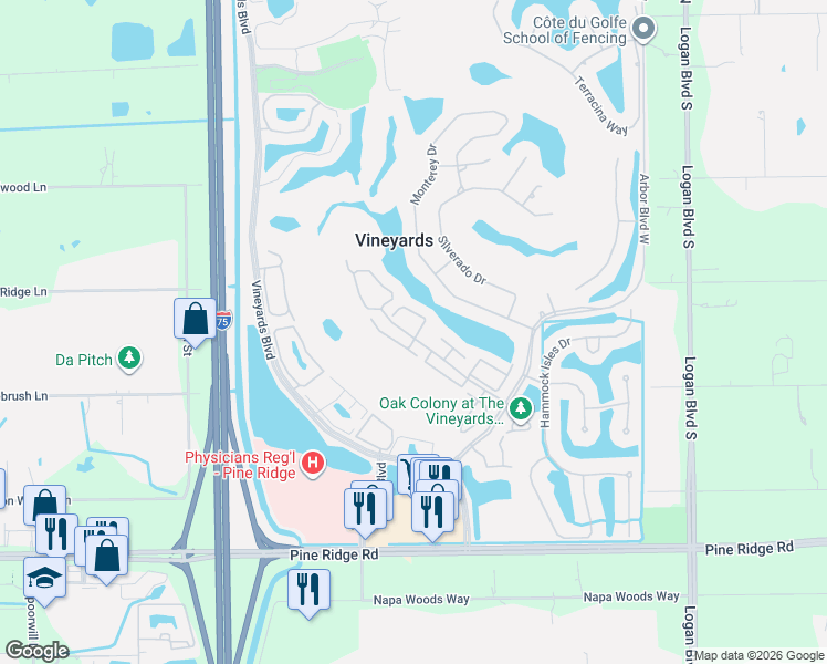 map of restaurants, bars, coffee shops, grocery stores, and more near 265 Napa Ridge Road East in Naples