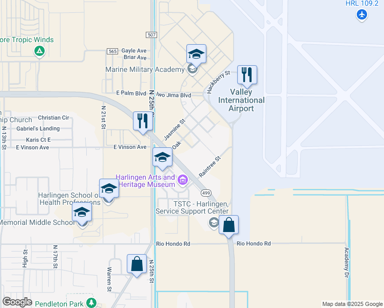 map of restaurants, bars, coffee shops, grocery stores, and more near 1902 North Loop 499 in Harlingen
