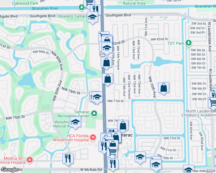 map of restaurants, bars, coffee shops, grocery stores, and more near 7905 Northwest 75th Avenue in Tamarac