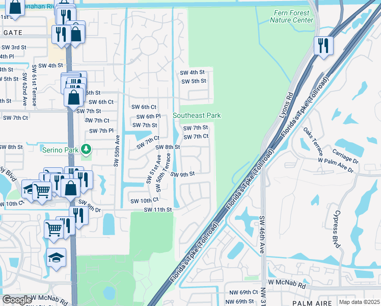 map of restaurants, bars, coffee shops, grocery stores, and more near 4990 Southwest 8th Street in Margate