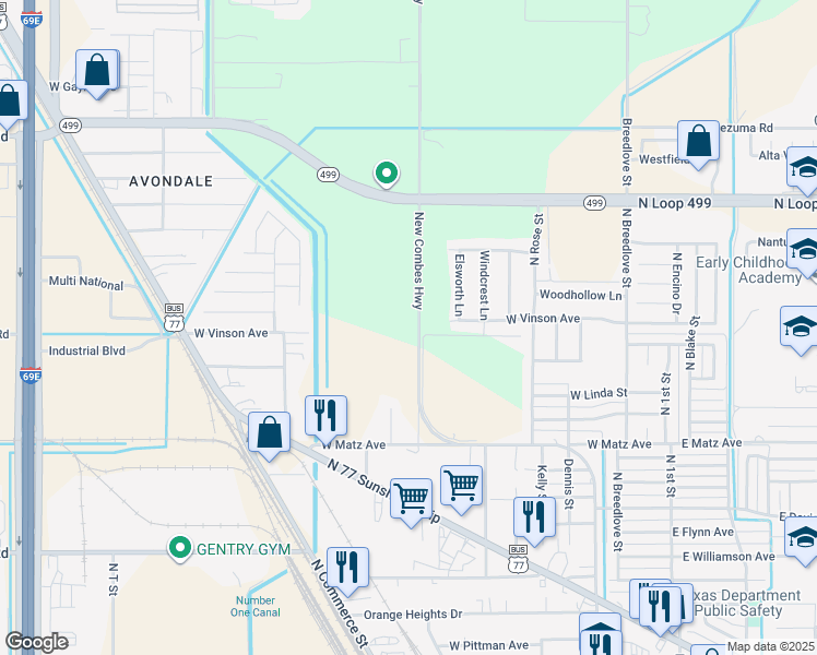 map of restaurants, bars, coffee shops, grocery stores, and more near 2701 New Combes Highway in Harlingen