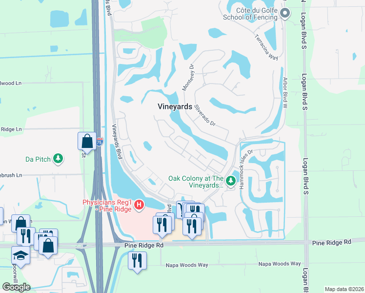 map of restaurants, bars, coffee shops, grocery stores, and more near 265 Napa Ridge Road East in Naples