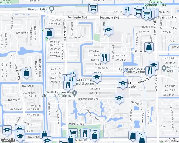 map of restaurants, bars, coffee shops, grocery stores, and more near 7809 Southwest 8th Court in North Lauderdale