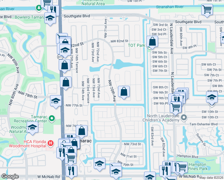 map of restaurants, bars, coffee shops, grocery stores, and more near 7814 Northwest 70th Avenue in Tamarac