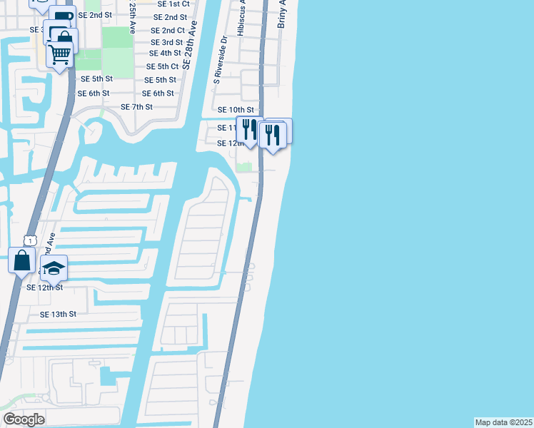 map of restaurants, bars, coffee shops, grocery stores, and more near 1350 South Ocean Boulevard in Pompano Beach