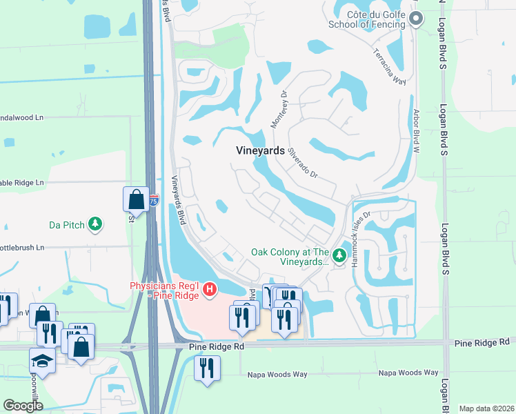map of restaurants, bars, coffee shops, grocery stores, and more near 265 Napa Ridge Road East in Naples