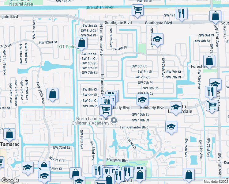 map of restaurants, bars, coffee shops, grocery stores, and more near 7930 Southwest 7th Place in North Lauderdale