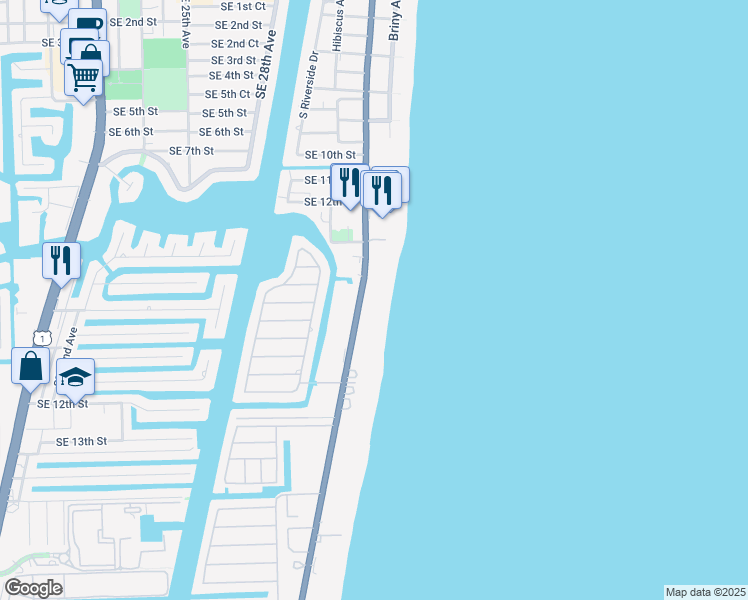 map of restaurants, bars, coffee shops, grocery stores, and more near 1350 South Ocean Boulevard in Pompano Beach