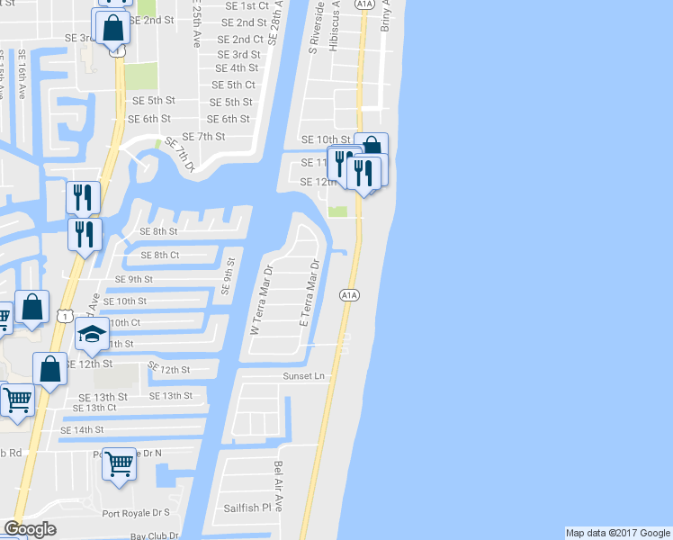 map of restaurants, bars, coffee shops, grocery stores, and more near 1390 East Terra Mar Drive in Pompano Beach