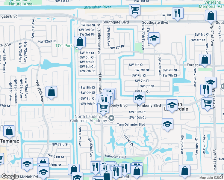 map of restaurants, bars, coffee shops, grocery stores, and more near 7930 Southwest 7th Place in North Lauderdale