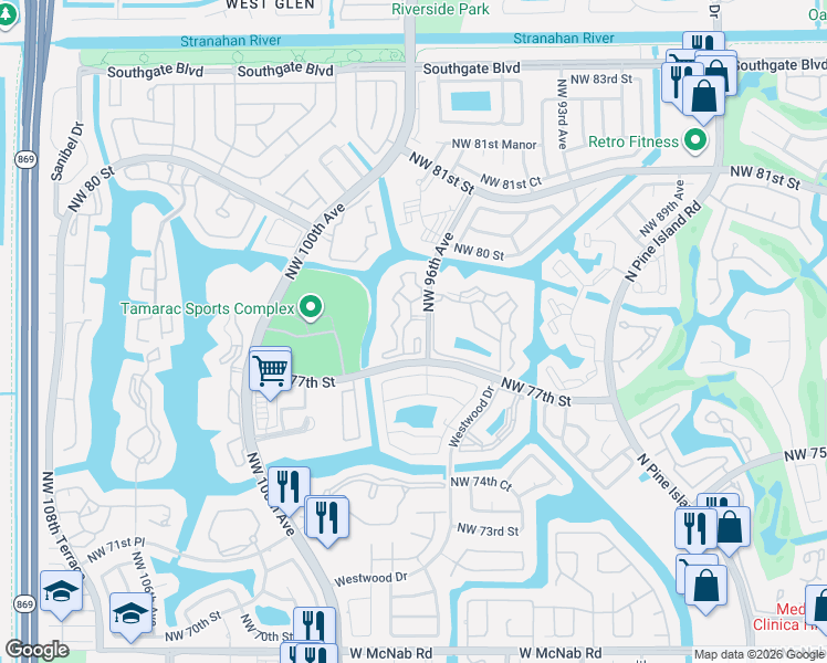 map of restaurants, bars, coffee shops, grocery stores, and more near 7705 Yardley Drive in Tamarac