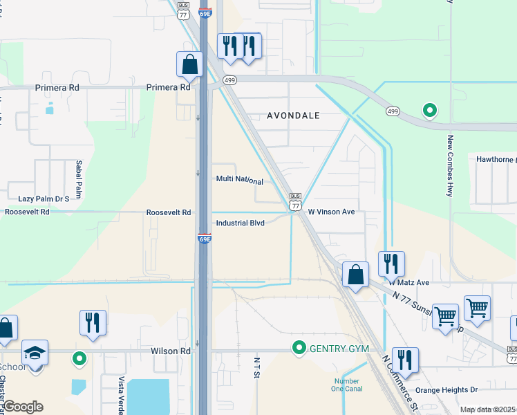 map of restaurants, bars, coffee shops, grocery stores, and more near Southridge Avenue in Harlingen