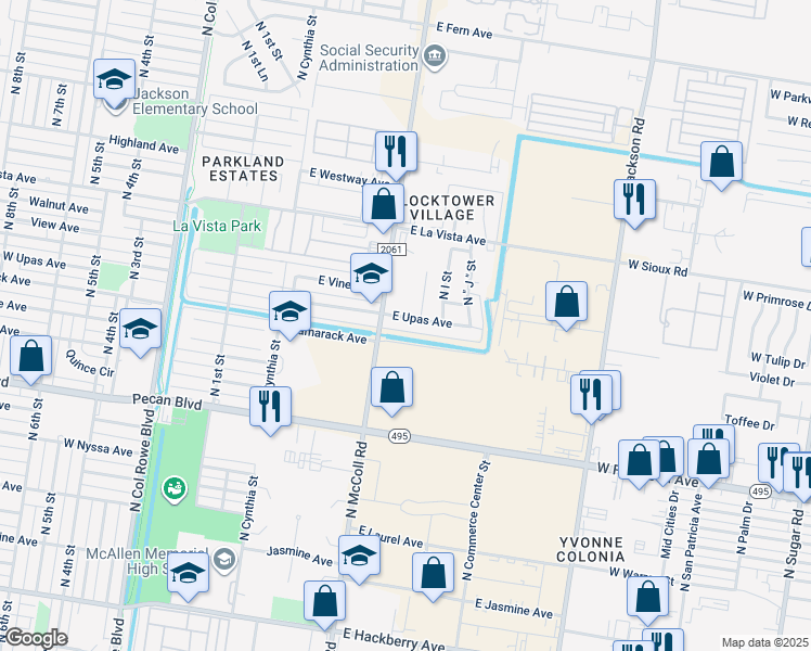 map of restaurants, bars, coffee shops, grocery stores, and more near 2104 North H Street in McAllen