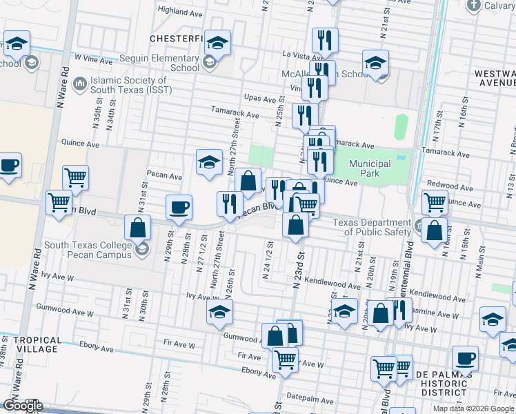 map of restaurants, bars, coffee shops, grocery stores, and more near 2420 Pecan Boulevard in McAllen