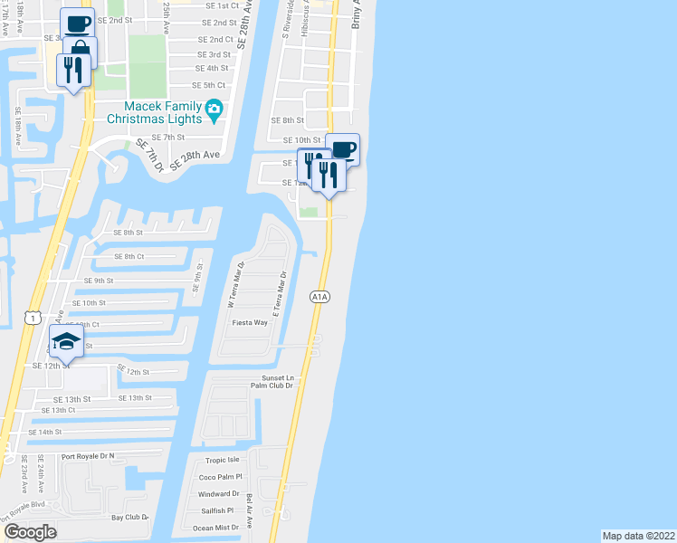 map of restaurants, bars, coffee shops, grocery stores, and more near 1350 South Ocean Boulevard in Pompano Beach