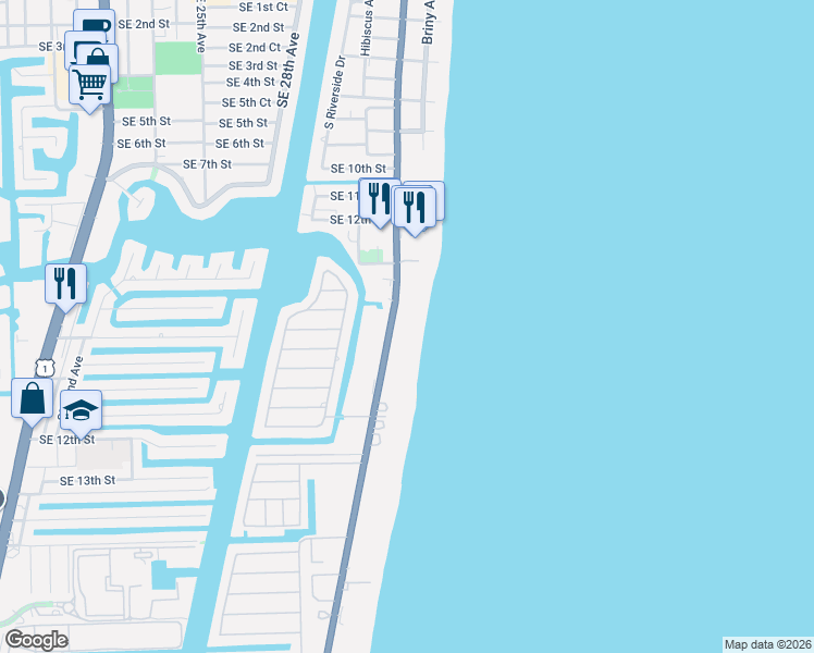 map of restaurants, bars, coffee shops, grocery stores, and more near 1360 South Ocean Boulevard in Pompano Beach
