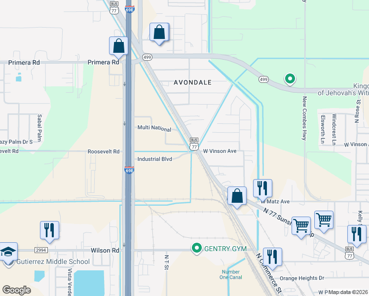 map of restaurants, bars, coffee shops, grocery stores, and more near Multi National in Harlingen