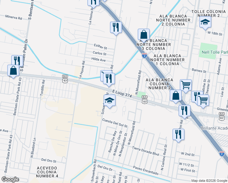 map of restaurants, bars, coffee shops, grocery stores, and more near 1202 East Loop 374 in Palmview