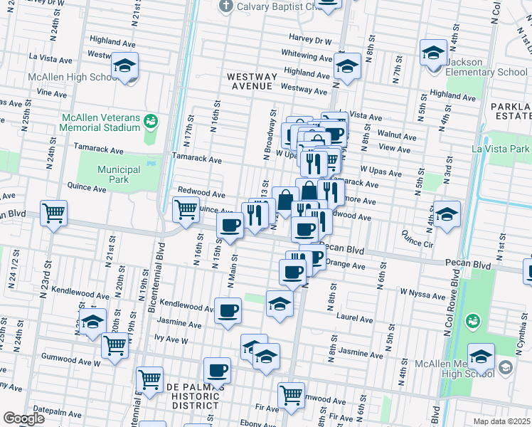 map of restaurants, bars, coffee shops, grocery stores, and more near 1215 Redwood Avenue in McAllen