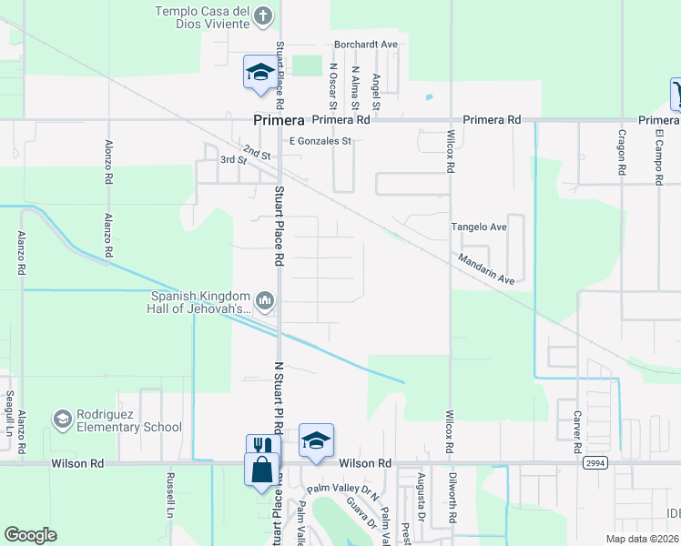 map of restaurants, bars, coffee shops, grocery stores, and more near East Barger Court in Harlingen
